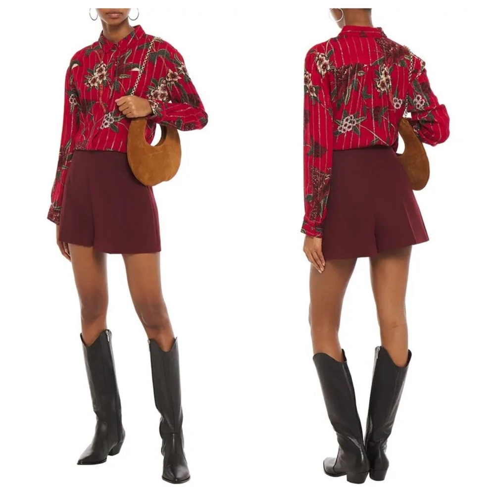 ba&sh Petunia Floral Print Metallic Jacquard Lady Shirt Crimson XS